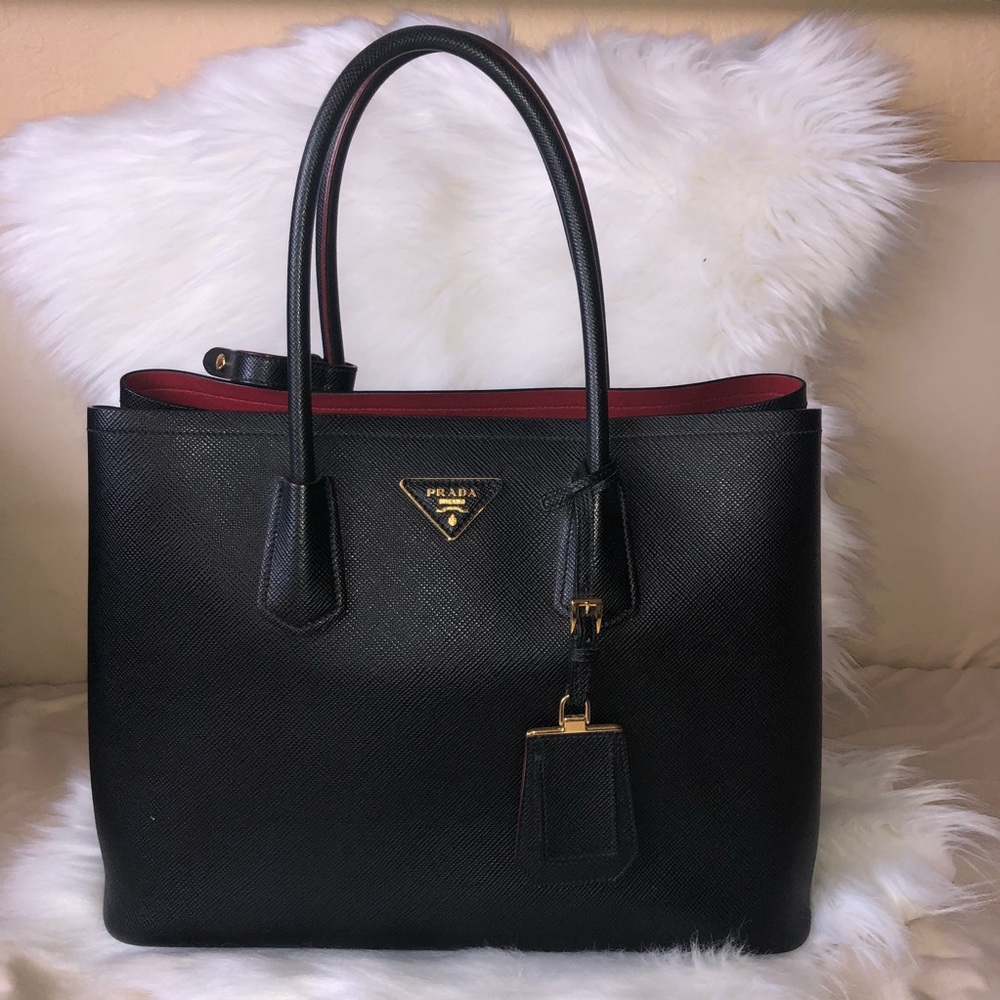 Prada Saffiano Cuir Double Medium Tote Black/Red